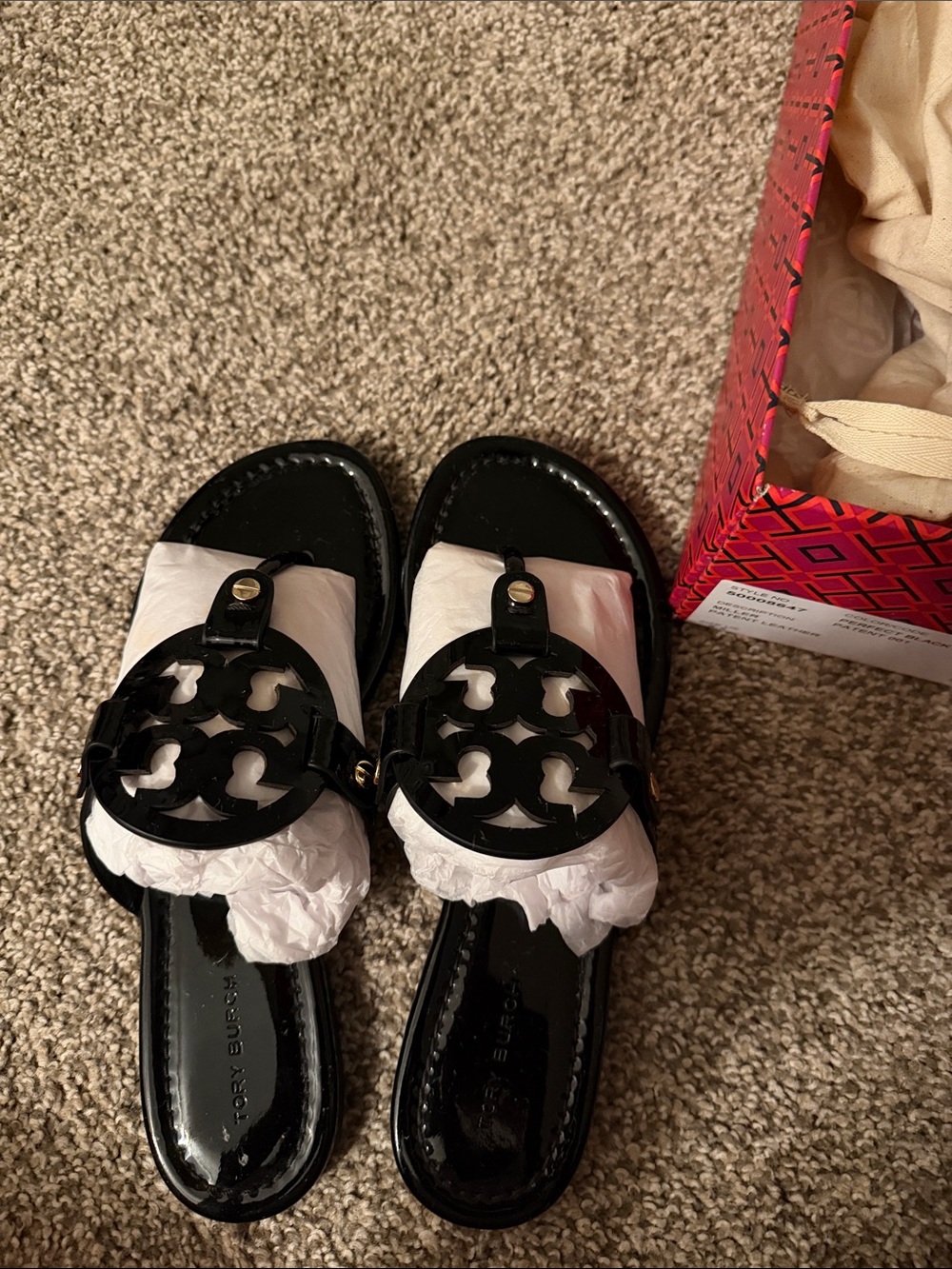 Tory Burch Black Patent Miller Logo Slide Sandals - Women